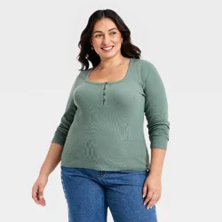 Women's Long Sleeve Scoop Neck Henley Top - Ava & Viv™ Green 1X