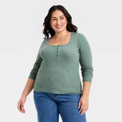 Women's Long Sleeve Scoop Neck Henley Top - Ava & Viv™ Green 1X