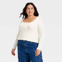 Women's Long Sleeve Scoop Neck Henley Top - Ava & Viv™ Ivory XXL