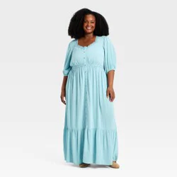 Women's Plus Elbow Sleeve Button-Front Lace Trim Maxi Dress - Ava & Viv™ Blue 3X