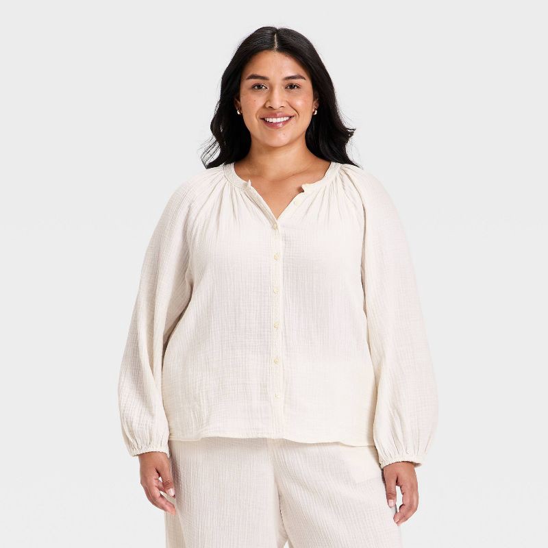 slide 1 of 3, Women's Long Sleeve Gauze Button-Front Blouse - Universal Thread™ Cream XXL, 1 ct
