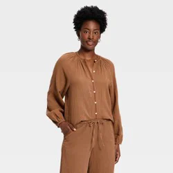 Women's Long Sleeve Gauze Button-Front Blouse - Universal Thread™ Brown L
