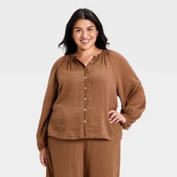 Women's Long Sleeve Gauze Button-Front Blouse - Universal Thread™ Brown XXL