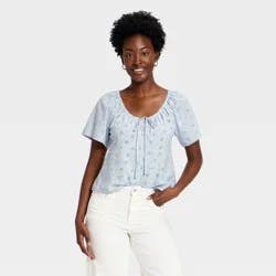 Women's Short Sleeve Eyelet Scoop Neck Blouse - Universal Thread™ Light Blue XS