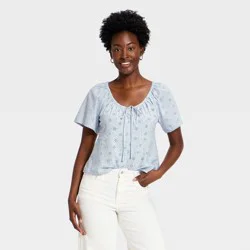 Women's Short Sleeve Eyelet Scoop Neck Blouse - Universal Thread™ Light Blue M