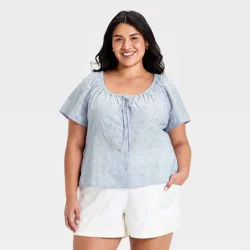 Women's Short Sleeve Eyelet Scoop Neck Blouse - Universal Thread™ Light Blue XXL