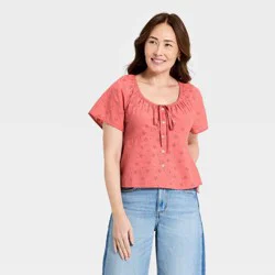 Women's Short Sleeve Eyelet Scoop Neck Blouse - Universal Thread™ Pink XS