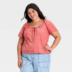Women's Short Sleeve Eyelet Scoop Neck Blouse - Universal Thread™ Pink XXL