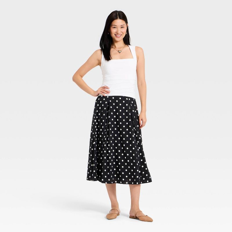 slide 3 of 3, Women's Pull-On Pleated Voile Full Midi Skirt - A New Day™ Black Dot M, 1 ct
