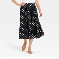 Women's Pull-On Pleated Voile Full Midi Skirt - A New Day™ Black Dot M