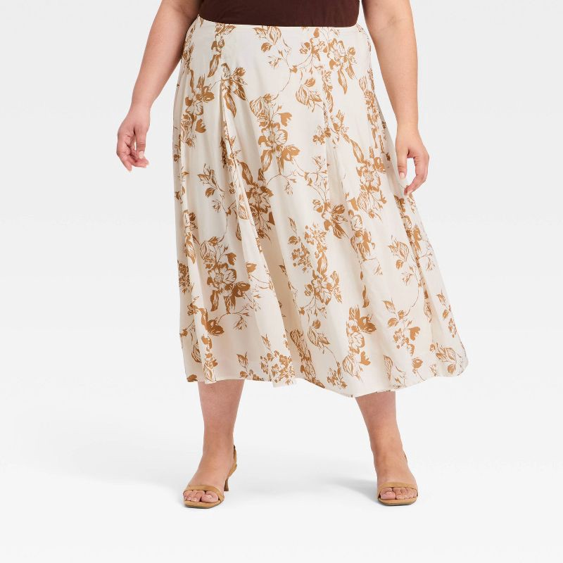 slide 1 of 3, Women's Pull-On Pleated Voile Full Midi Skirt - A New Day™ Brown Floral XXL, 1 ct