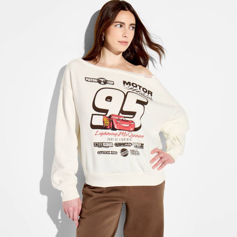slide 1 of 3, Cars Women's McQueen 95 Off The Shoulder Graphic Pullover Sweatshirt - Off-White L, 1 ct