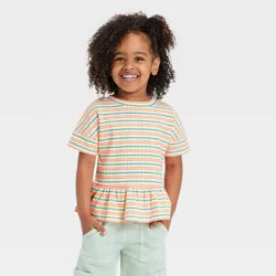 Toddler Girls' Multi Striped Ruffle Ribbed T-Shirt - Cat & Jack™ 18M