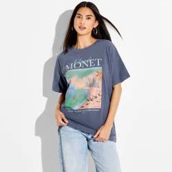 Special Thanks Women's Monet Seaside Oversized Short Sleeve Graphic T-Shirt - Dark Gray Floral M
