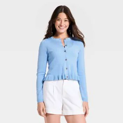 Women's Long Sleeve Button-Up Ruffle Hem Cardigan - A New Day™ Blue M