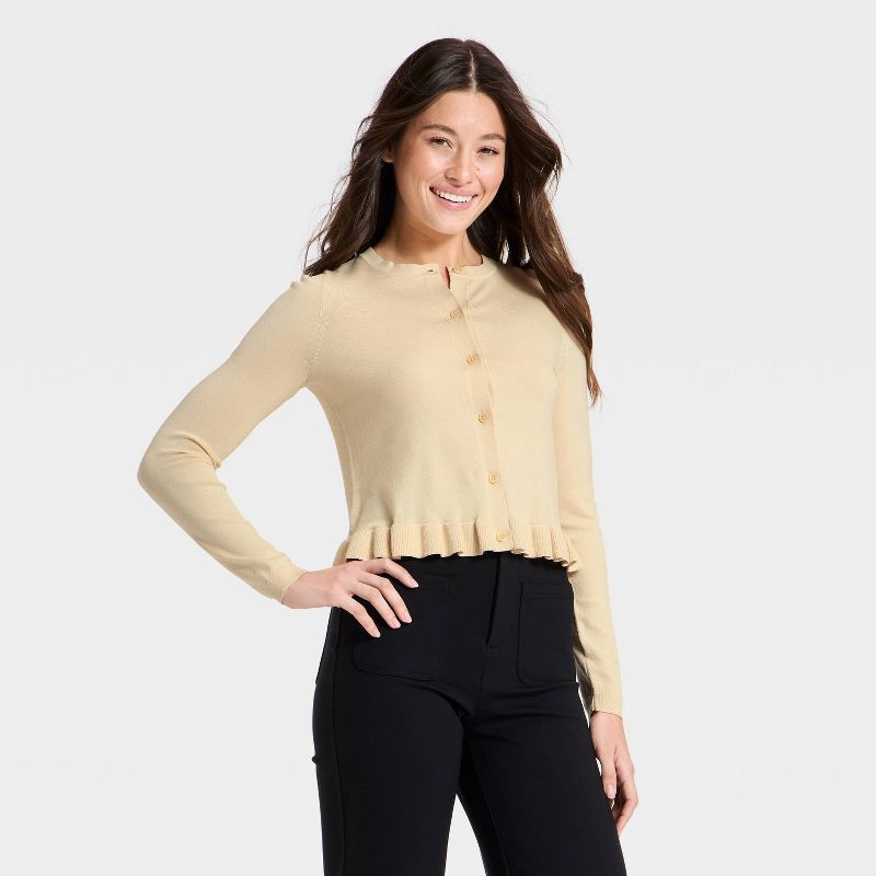 slide 1 of 3, Women's Long Sleeve Button-Up Ruffle Hem Cardigan - A New Day™ Ivory XS, 1 ct