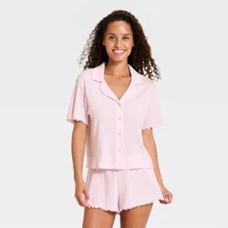 Women's Notch Collar Shirt and Shorts Pajama Set - Wild Fable™ Pink M