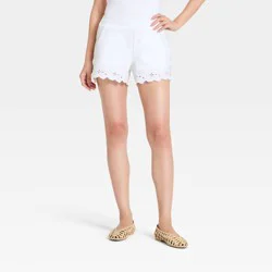 Women's Embroidered Linen Pull-On Shorts - A New Day™ White M