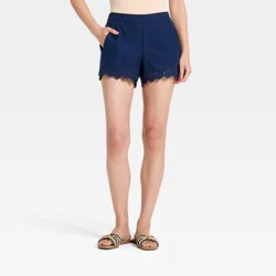 Women's Embroidered Linen Pull-On Shorts - A New Day™ Navy Blue XS