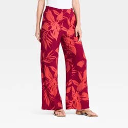 Women's High-Rise Linen Wide Leg Pull-On Pants - A New Day™ Red Floral M