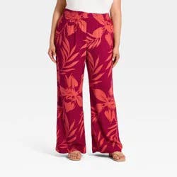 Women's High-Rise Linen Wide Leg Pull-On Pants - A New Day™ Red Floral XXL