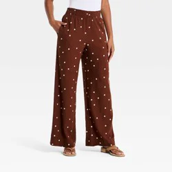 Women's High-Rise Linen Wide Leg Pull-On Pants - A New Day™ Brown Dot M
