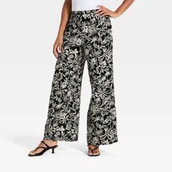 Women's High-Rise Linen Wide Leg Pull-On Pants - A New Day™ Black Floral M