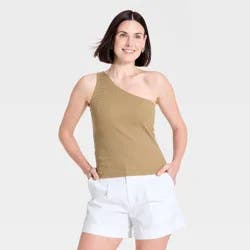 Women's One Shoulder Rib Knit Tank Top - A New Day™ Tan XL
