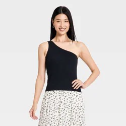 Women's One Shoulder Rib Knit Tank Top - A New Day™ Black XS