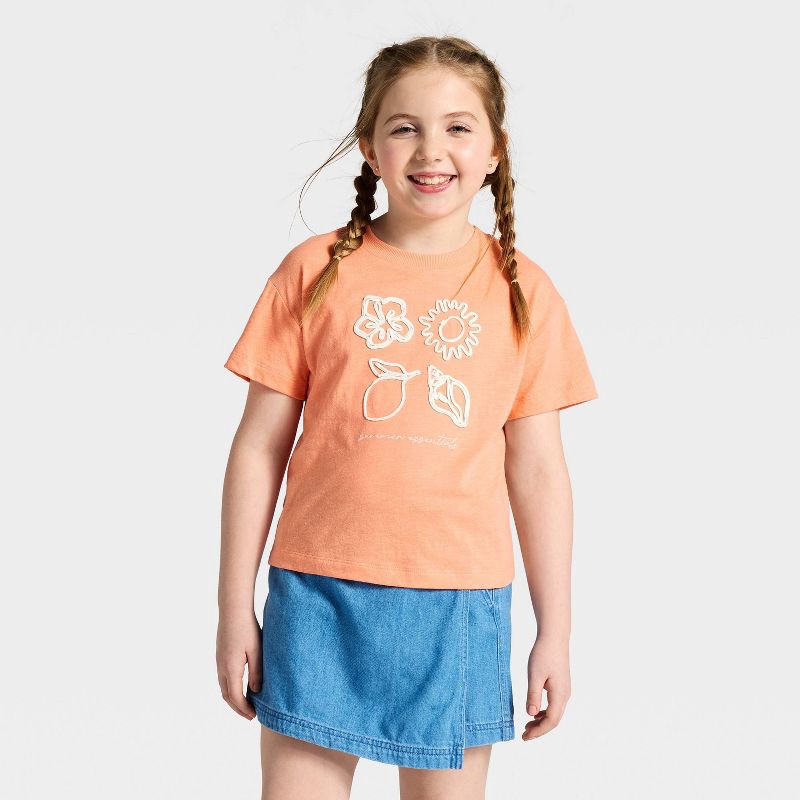 slide 1 of 3, Girls' Short Sleeve Relaxed Fit 'summer Essentials' Graphic T-Shirt - Cat & Jack™ Peach Orange S, 1 ct