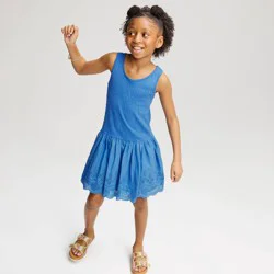 Girls' Drop Waist Eyelet Bubble Hem Dress - Cat & Jack™ Blue XS
