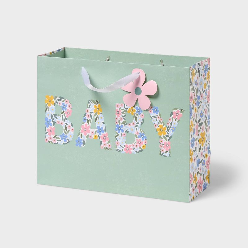 slide 1 of 3, Large 'Baby' Floral Baby Shower Gift Bag with Tag Green - Spritz™, 1 ct