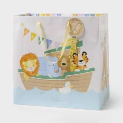 Large Square Animals Ark Iridescent Glitter Baby Shower Gift Bag with Tag Colorful - Spritz™
