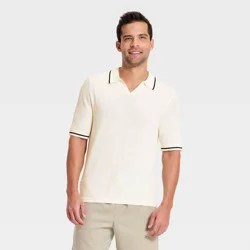 Men's Openwork Knit Johnny Collar Polo Sweater - Goodfellow & Co™ Cream S