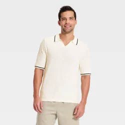Men's Openwork Knit Johnny Collar Polo Sweater - Goodfellow & Co™ Cream L