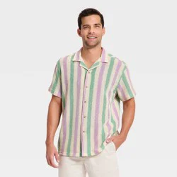 Men's Short Sleeve Open Work Button-Down Camp Shirt - Goodfellow & Co™ - Green/Purple Striped S