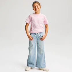 Girls' Mid-Rise Striped Pull-On Wide Leg Jeans - Cat & Jack™ Light Blue 6