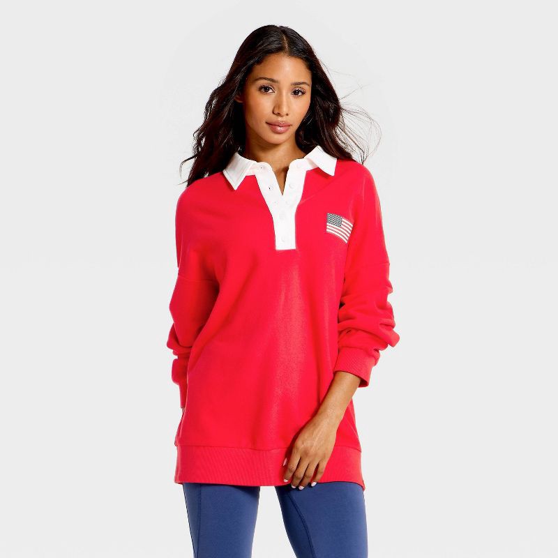 slide 1 of 3, Women's Americana French Terry Polo Sweatshirt - JoyLab™ Red L, 1 ct