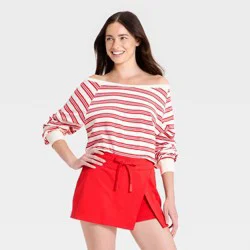 Women's Washed Jersey Off The Shoulder Cropped Long Sleeve Top - JoyLab™ Red Stripe XS