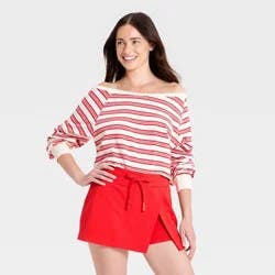 Women's Washed Jersey Off The Shoulder Cropped Long Sleeve Top - JoyLab™ Red Stripe L