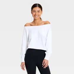 Women's Washed Jersey Off The Shoulder Cropped Long Sleeve Top - JoyLab™ White XXL