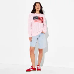Women's Crewneck American Flag Pullover Sweater - Wild Fable™ Light Pink Flags S
