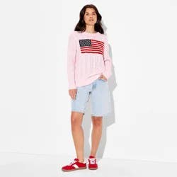 Women's Crewneck American Flag Pullover Sweater - Wild Fable™ Light Pink Flags M