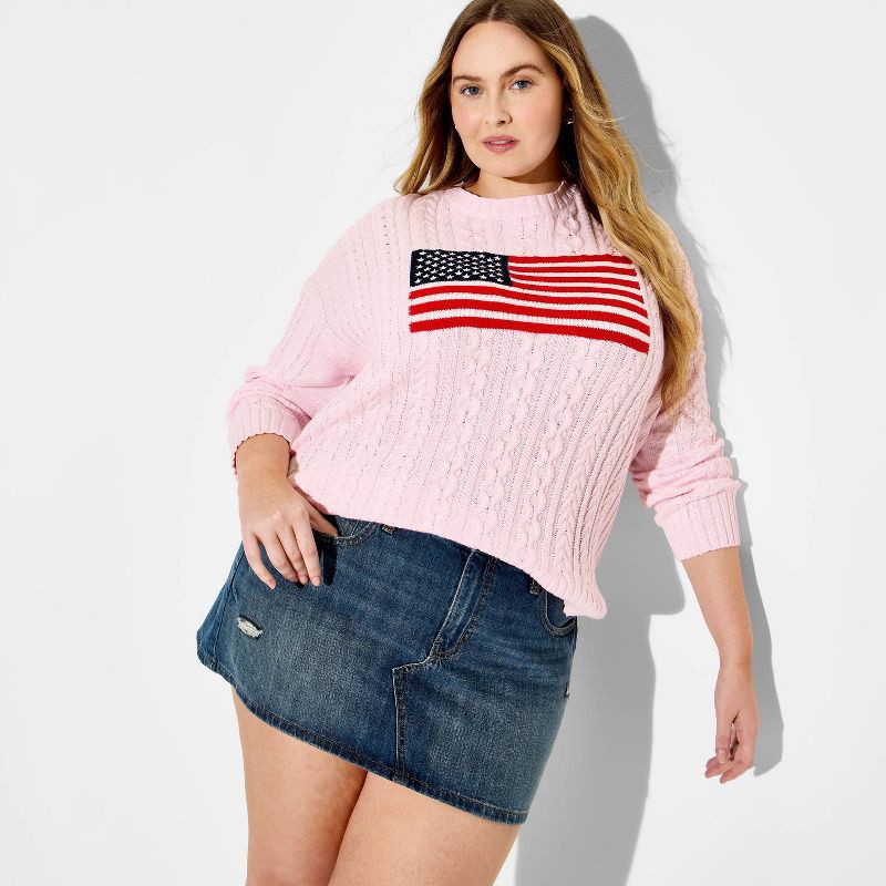 slide 1 of 3, Women's Crewneck American Flag Pullover Sweater - Wild Fable™ Light Pink Flags XXL, 1 ct