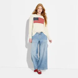 Women's Crewneck American Flag Pullover Sweater - Wild Fable™ Dark Off-White Flags S