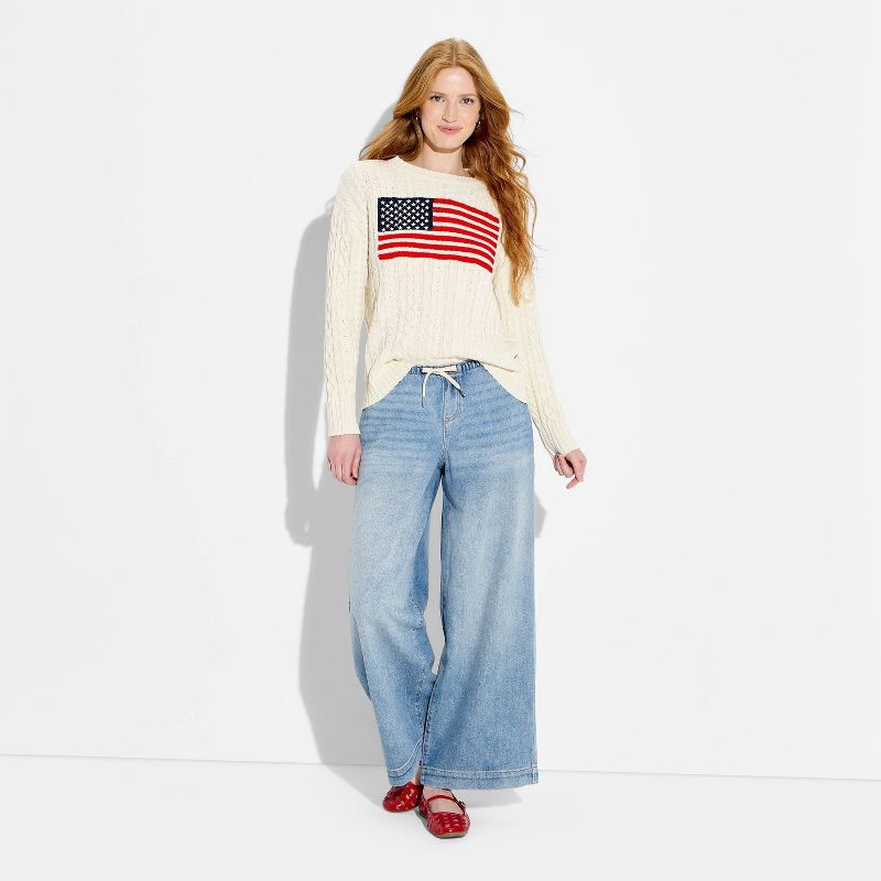 slide 1 of 3, Women's Crewneck American Flag Pullover Sweater - Wild Fable™ Dark Off-White Flags XL, 1 ct