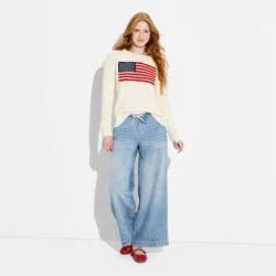 Women's Crewneck American Flag Pullover Sweater - Wild Fable™ Dark Off-White Flags XL