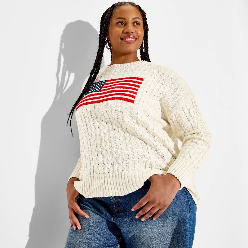 slide 1 of 3, Women's Crewneck American Flag Pullover Sweater - Wild Fable™ Dark Off-White Flags XXL, 1 ct
