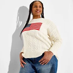 Women's Crewneck American Flag Pullover Sweater - Wild Fable™ Dark Off-White Flags XXL