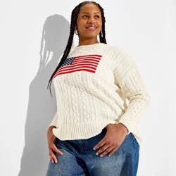 Women's Crewneck American Flag Pullover Sweater - Wild Fable™ Dark Off-White Flags XXL